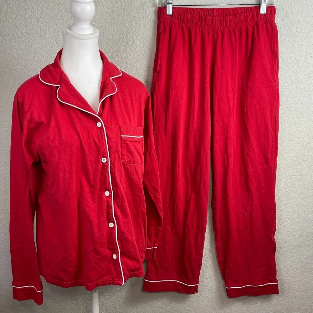 Dreamy By Lubot Pajama Set Womens Medium Red Pants Long Sleeve Top 100% Cotton‎